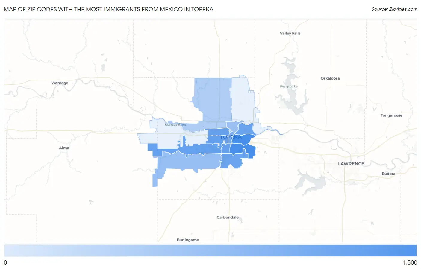 Zip Codes with the Most Immigrants from Mexico in Topeka Map