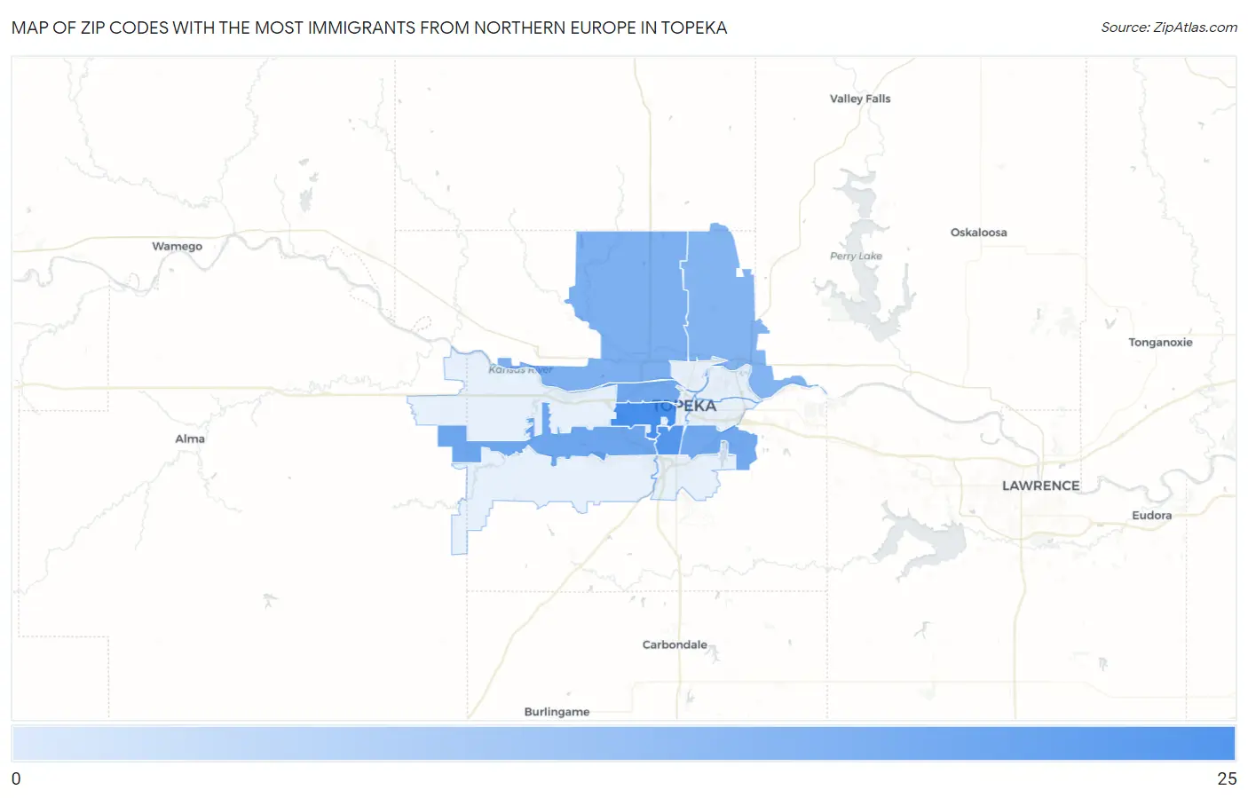 Zip Codes with the Most Immigrants from Northern Europe in Topeka Map