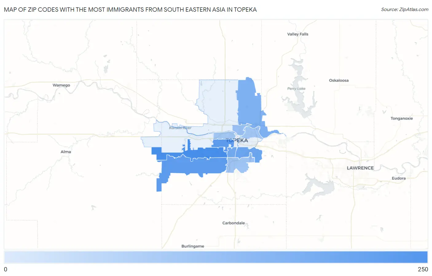 Zip Codes with the Most Immigrants from South Eastern Asia in Topeka Map