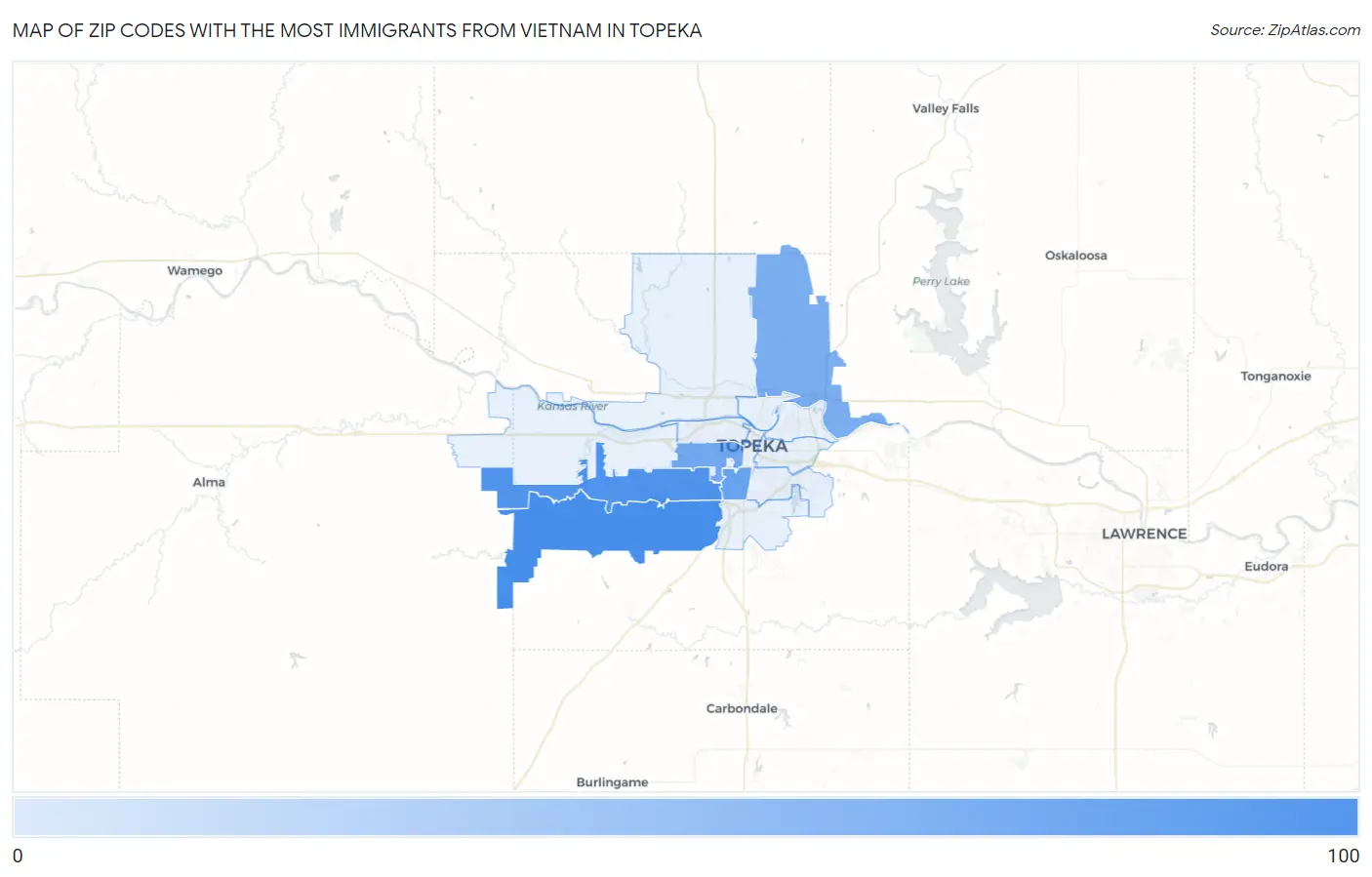 Zip Codes with the Most Immigrants from Vietnam in Topeka Map