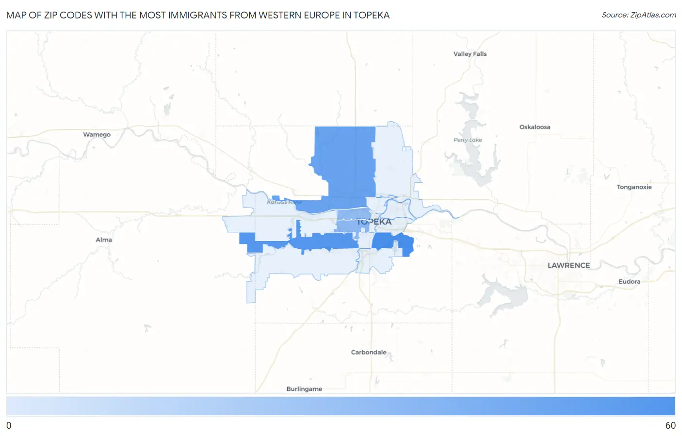 Zip Codes with the Most Immigrants from Western Europe in Topeka Map