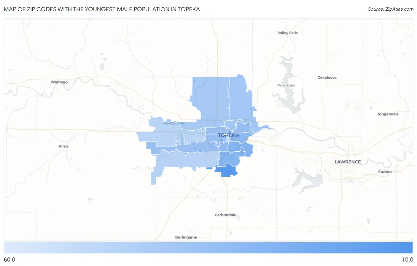 Zip Codes with the Youngest Male Population in Topeka Map