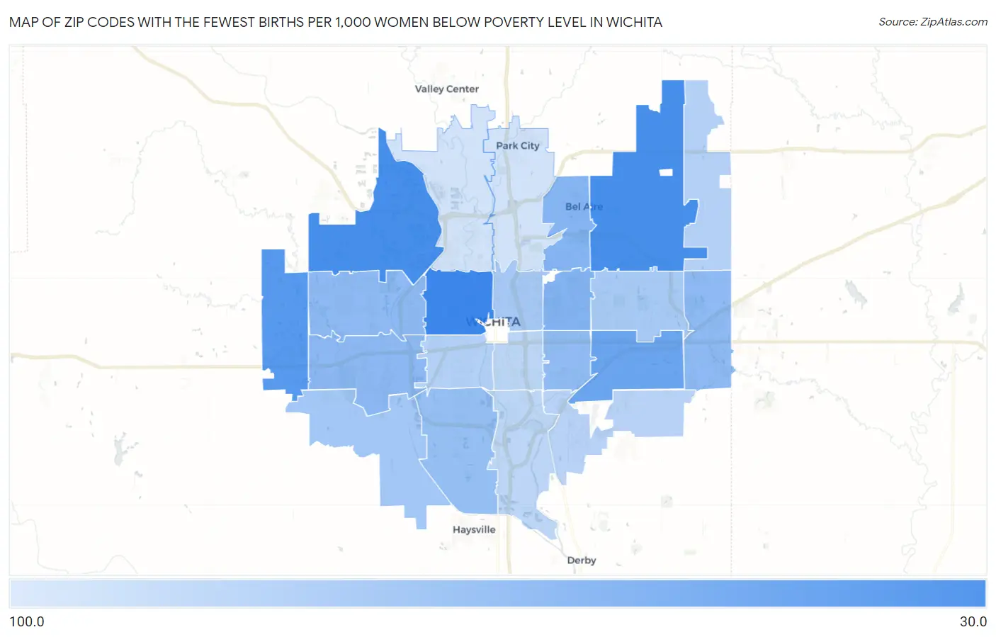 Zip Codes with the Fewest Births per 1,000 Women Below Poverty Level in Wichita Map