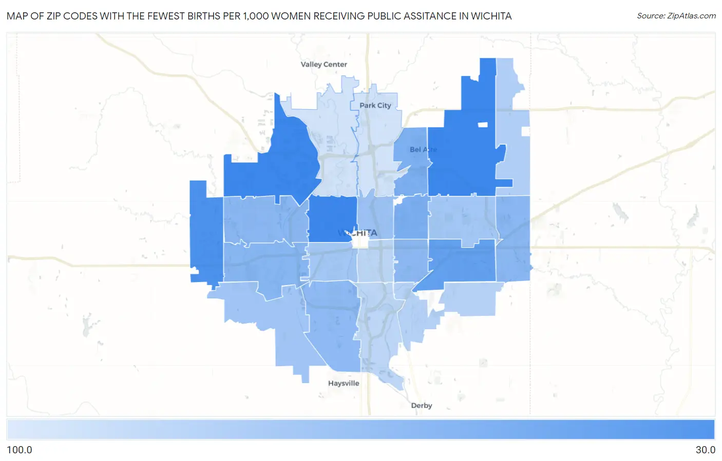 Zip Codes with the Fewest Births per 1,000 Women Receiving Public Assitance in Wichita Map