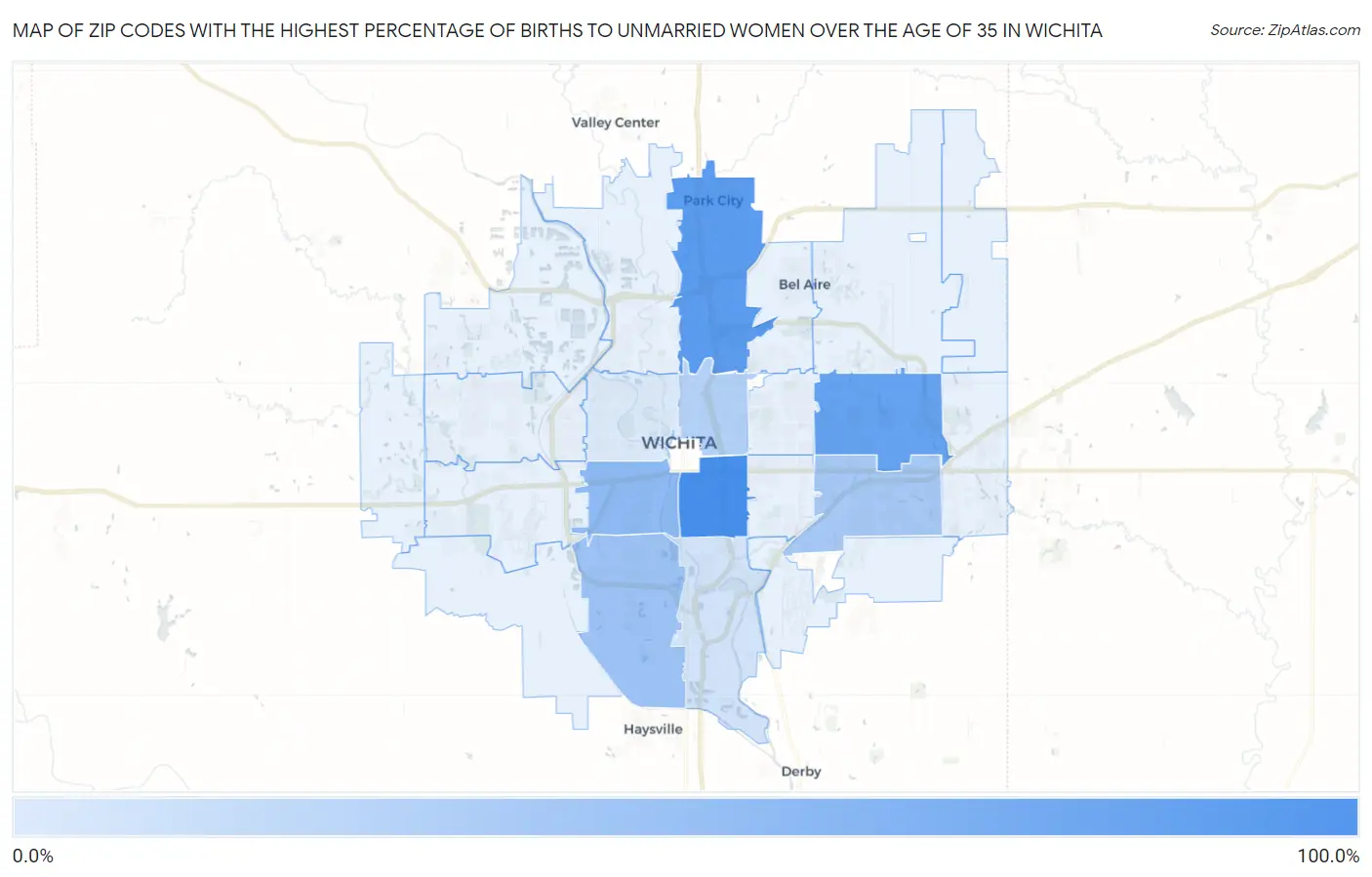 Zip Codes with the Highest Percentage of Births to Unmarried Women over the Age of 35 in Wichita Map