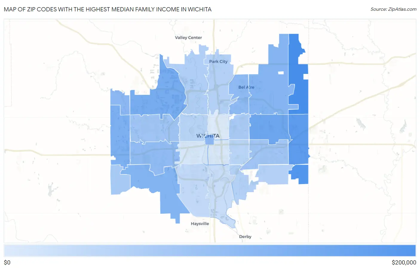 Zip Codes with the Highest Median Family Income in Wichita Map