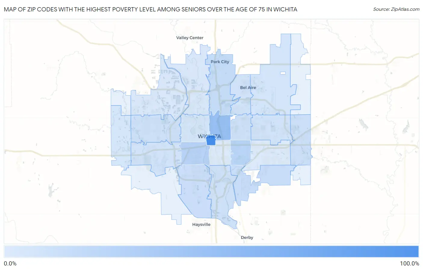 Zip Codes with the Highest Poverty Level Among Seniors Over the Age of 75 in Wichita Map