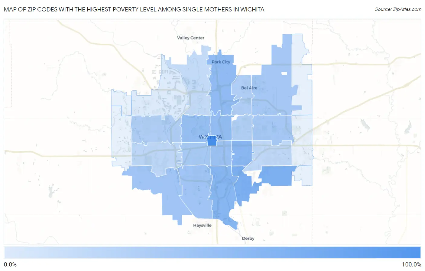 Zip Codes with the Highest Poverty Level Among Single Mothers in Wichita Map