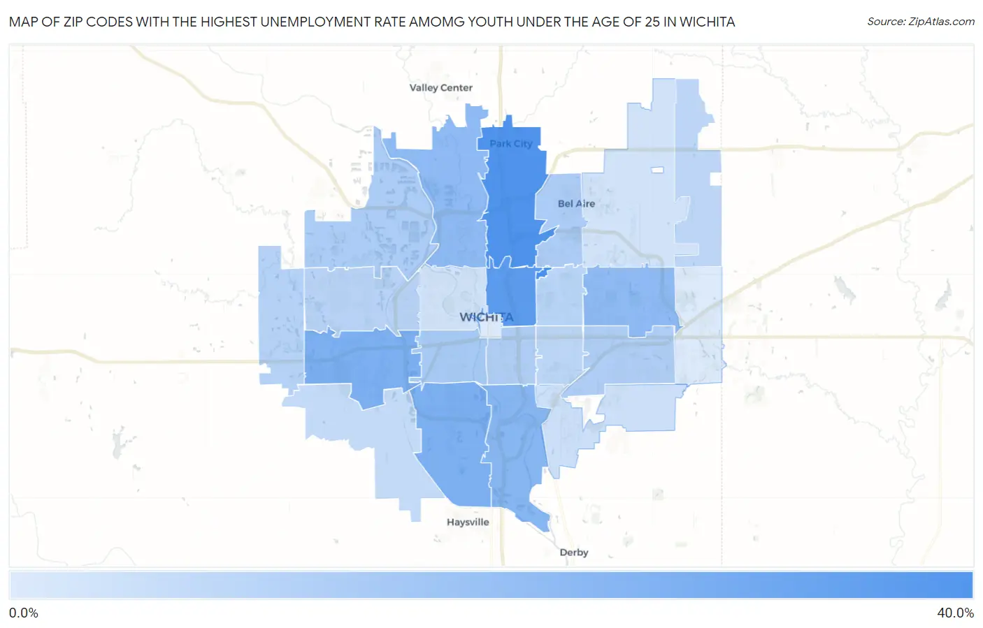 Zip Codes with the Highest Unemployment Rate Amomg Youth Under the Age of 25 in Wichita Map