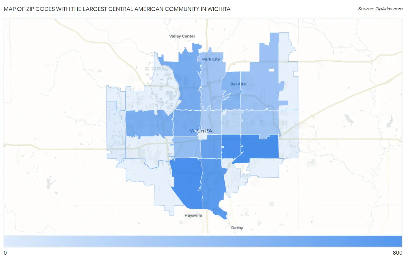 Zip Codes with the Largest Central American Community in Wichita Map