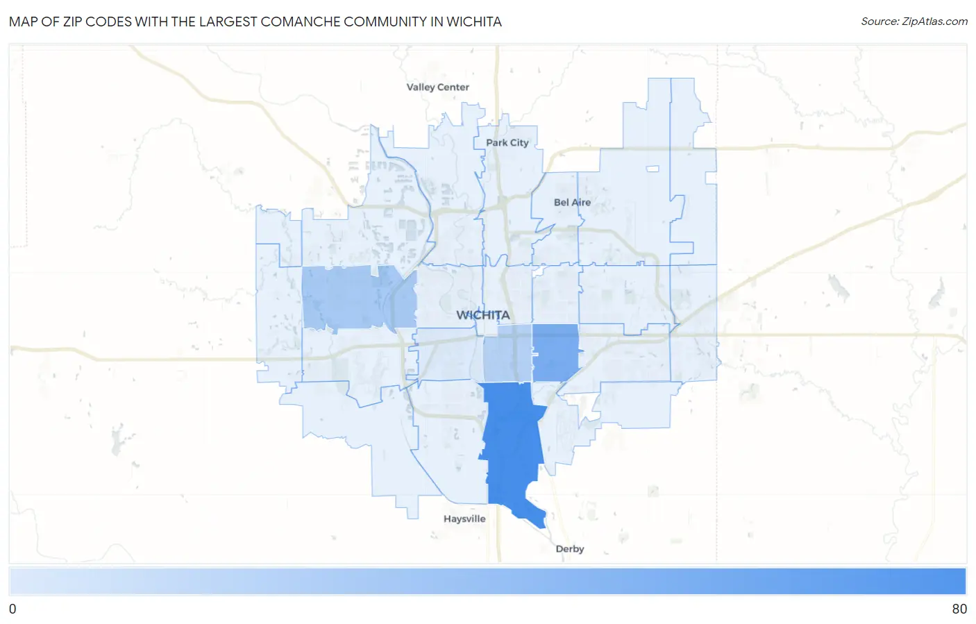 Zip Codes with the Largest Comanche Community in Wichita Map