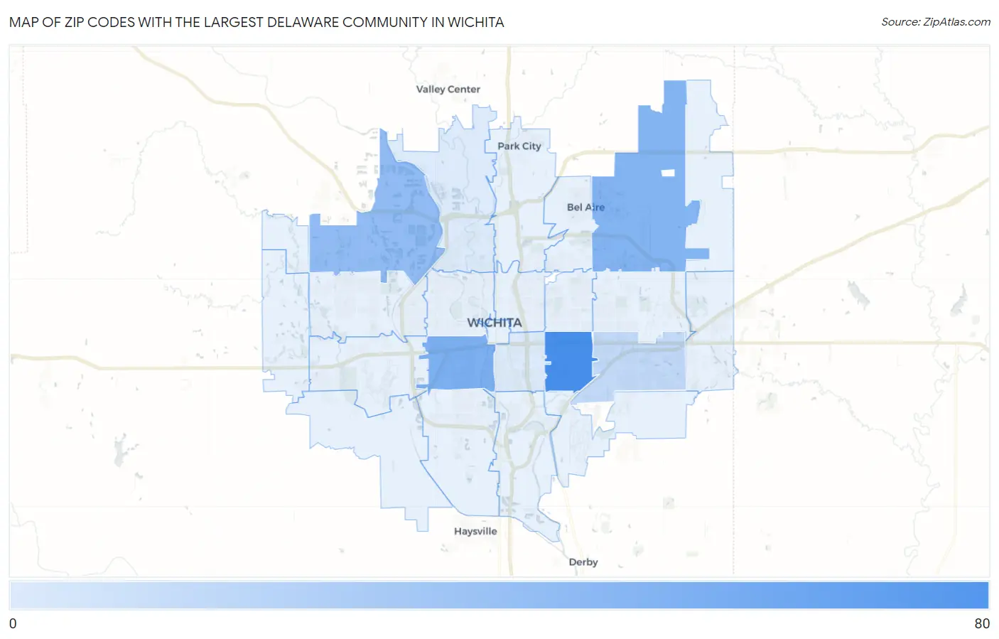 Zip Codes with the Largest Delaware Community in Wichita Map