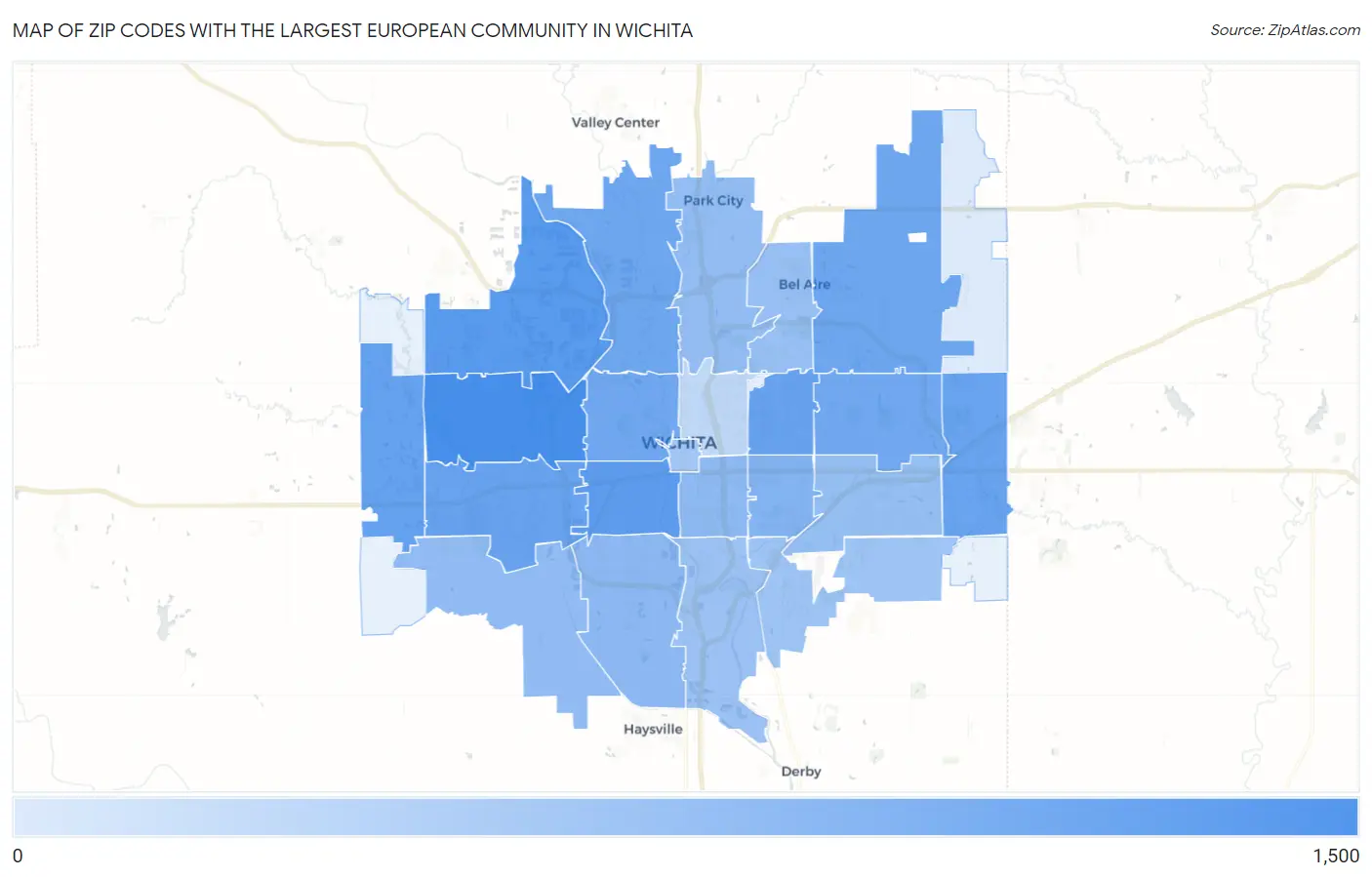 Zip Codes with the Largest European Community in Wichita Map