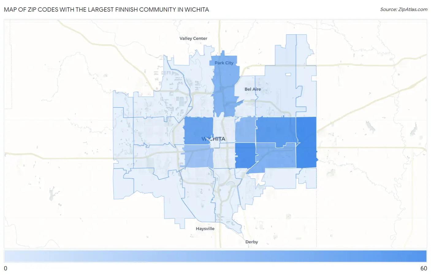 Zip Codes with the Largest Finnish Community in Wichita Map