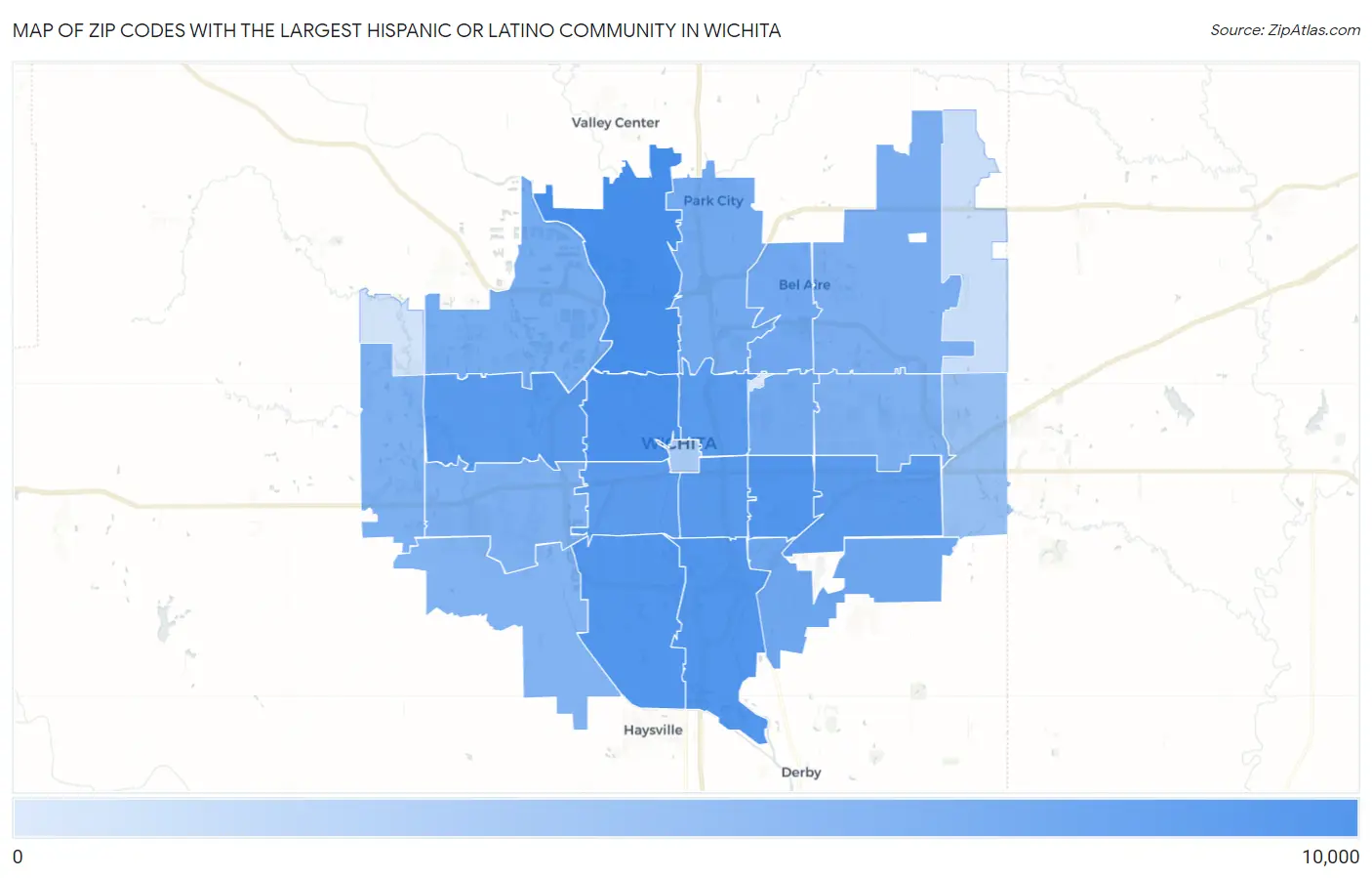 Zip Codes with the Largest Hispanic or Latino Community in Wichita Map