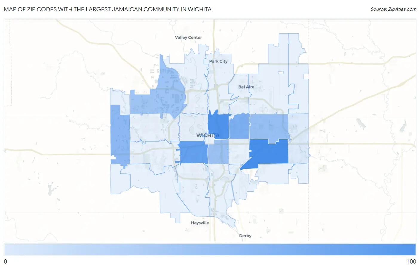 Zip Codes with the Largest Jamaican Community in Wichita Map