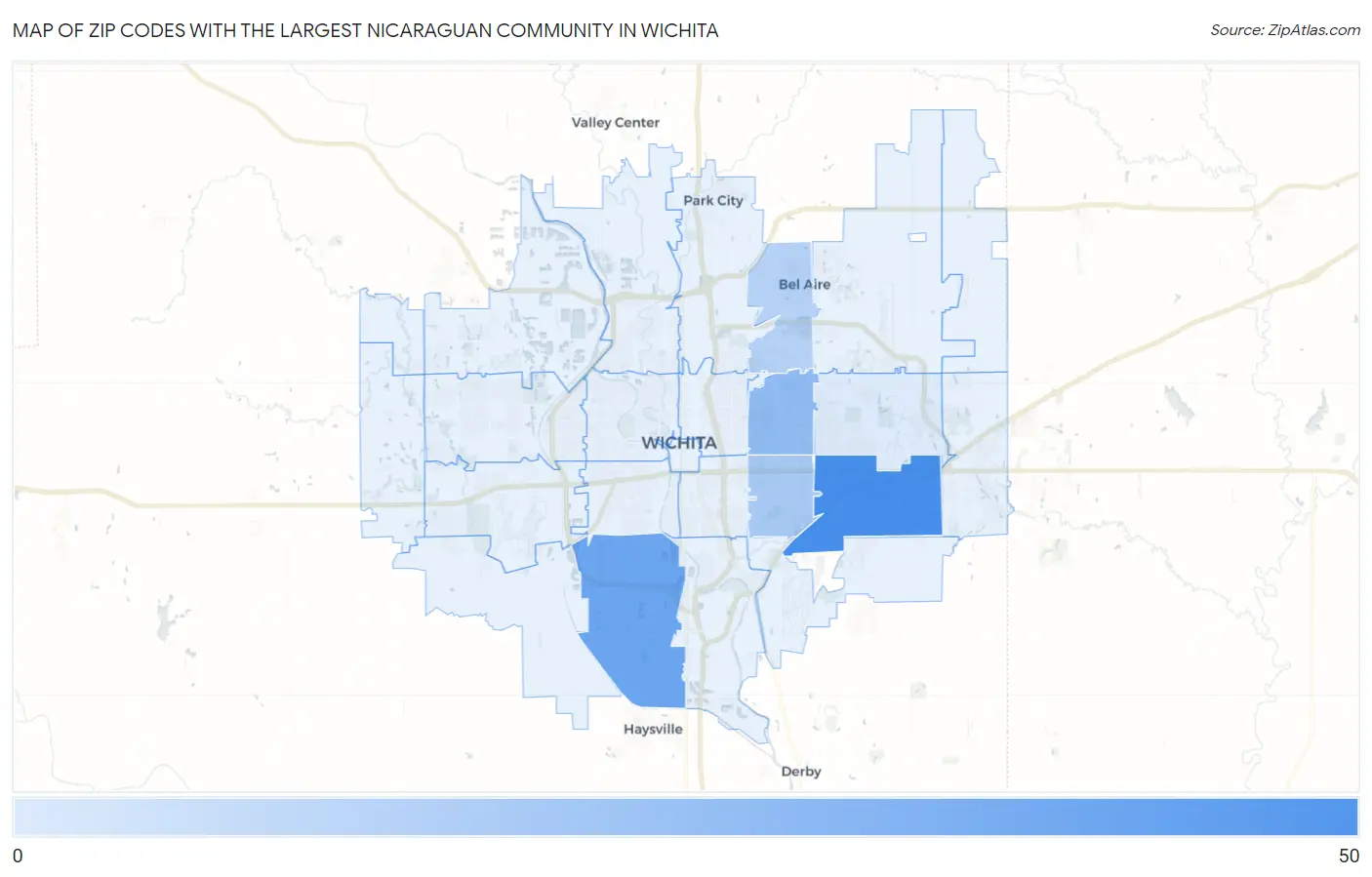 Zip Codes with the Largest Nicaraguan Community in Wichita Map