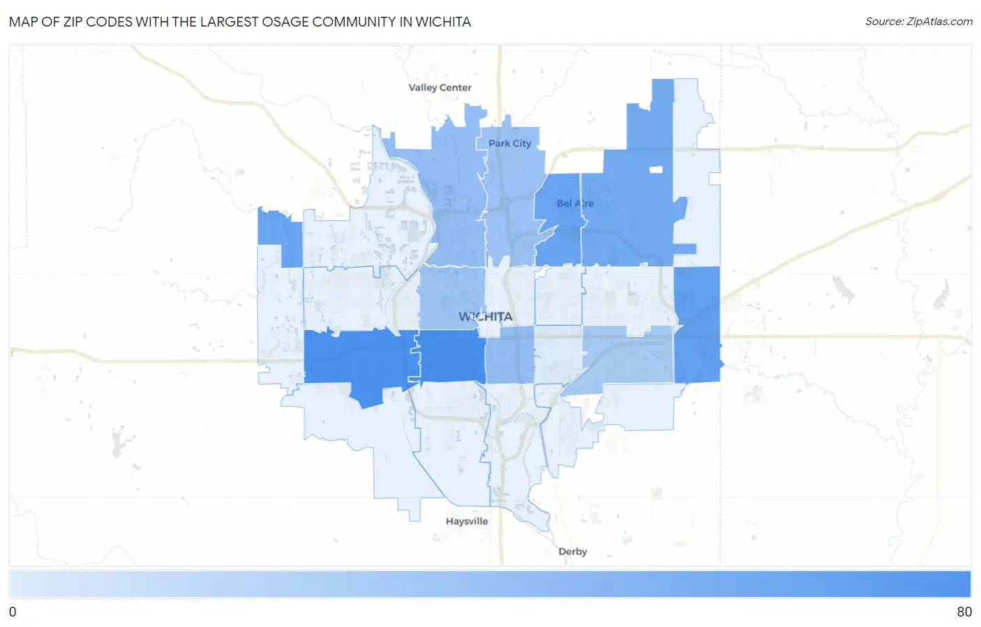 Zip Codes with the Largest Osage Community in Wichita Map