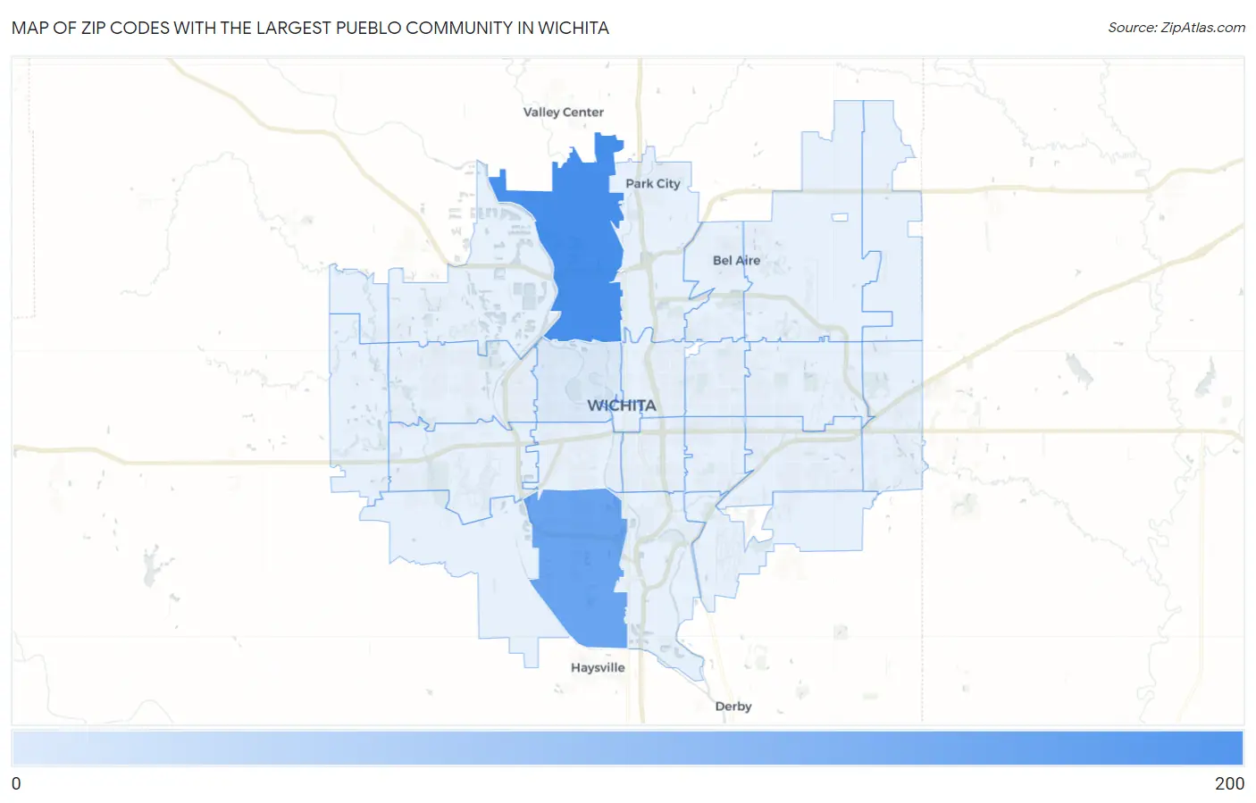 Zip Codes with the Largest Pueblo Community in Wichita Map
