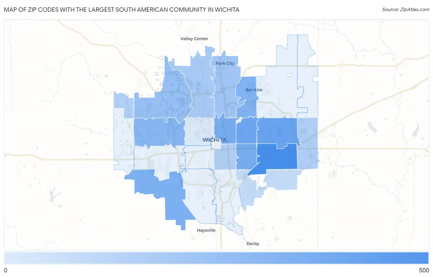 Zip Codes with the Largest South American Community in Wichita Map