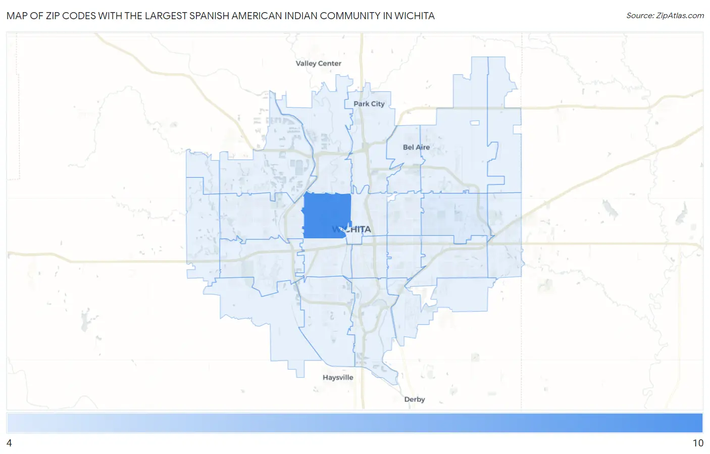 Zip Codes with the Largest Spanish American Indian Community in Wichita Map