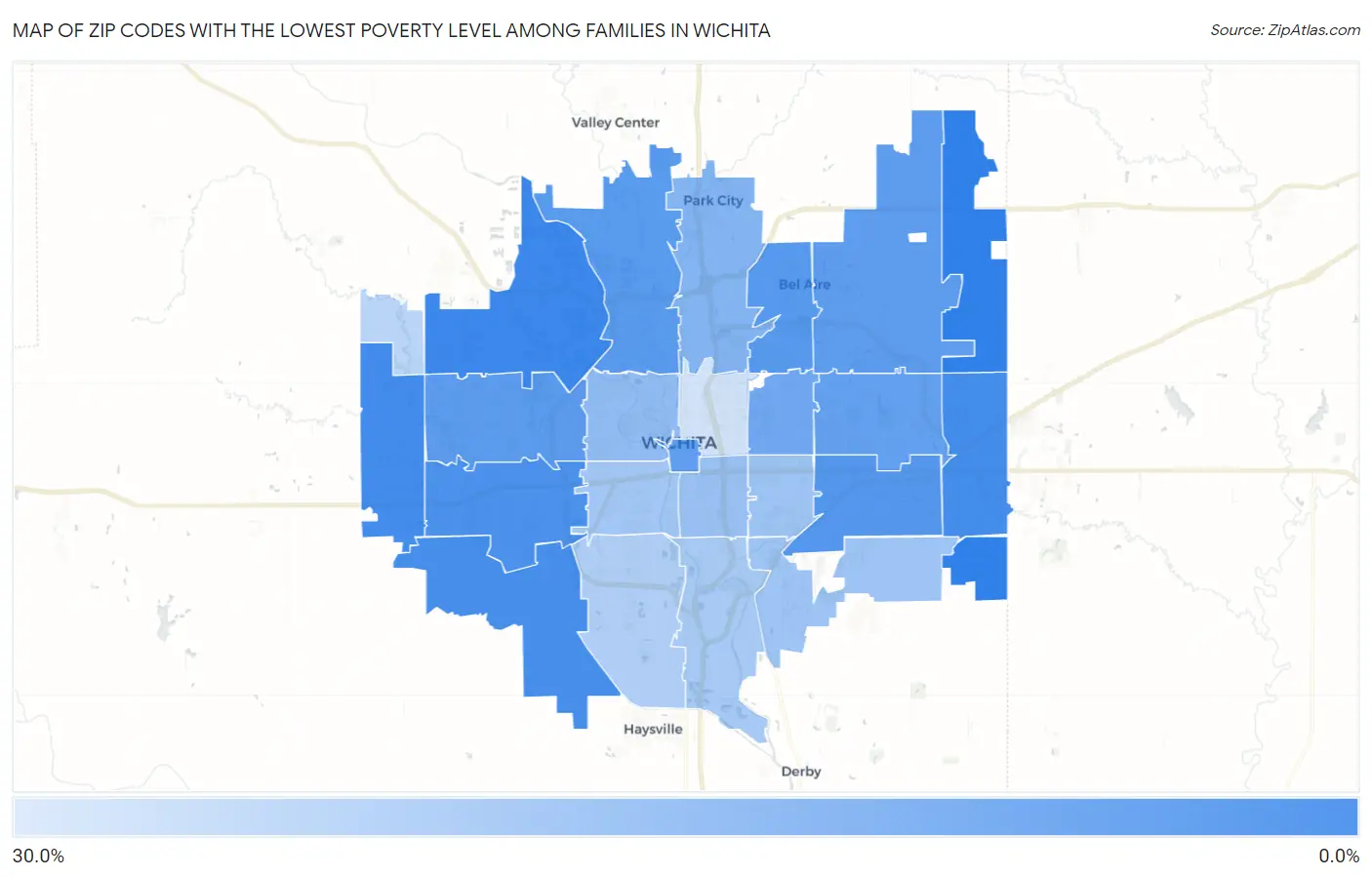 Zip Codes with the Lowest Poverty Level Among Families in Wichita Map