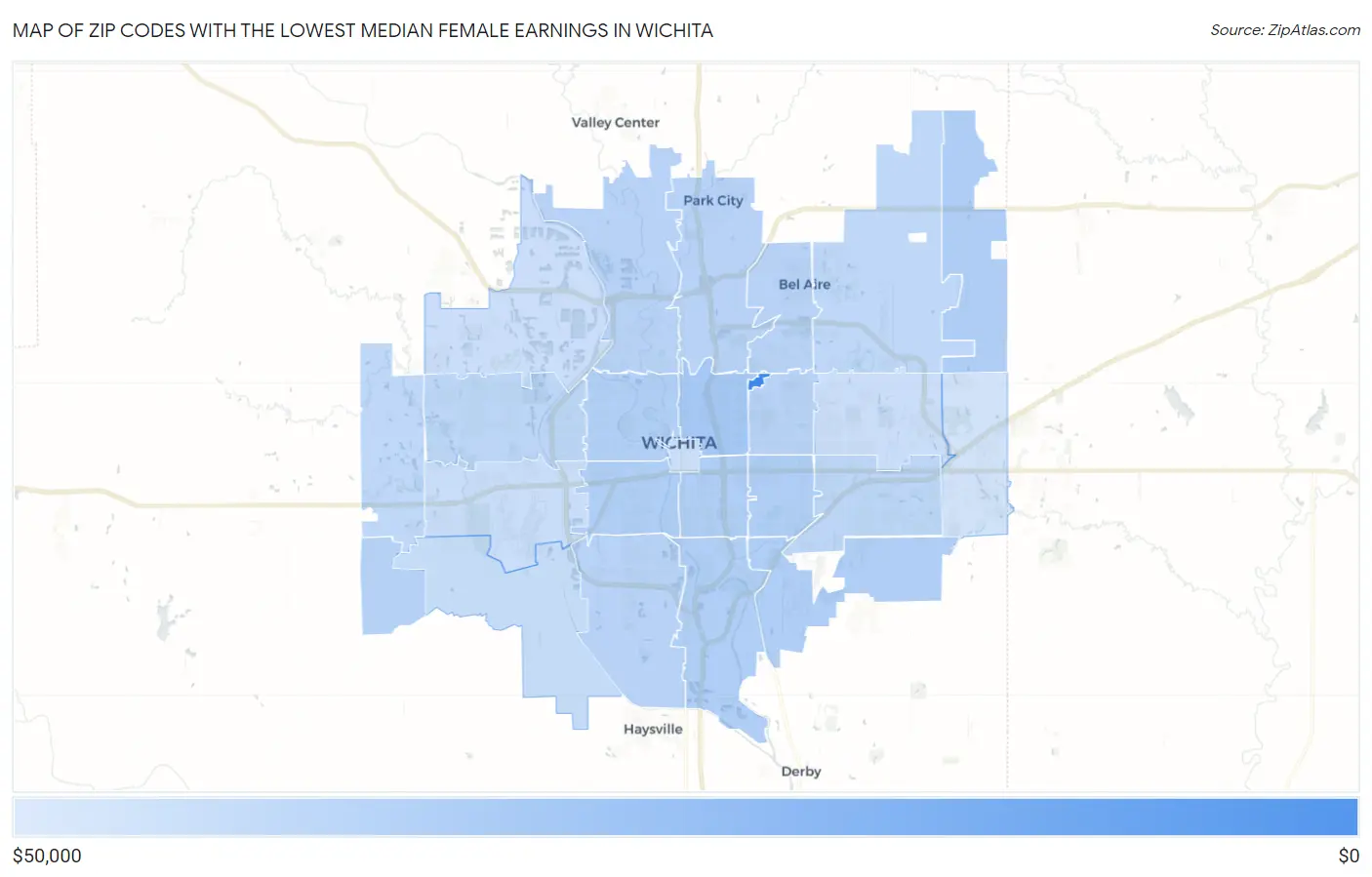 Zip Codes with the Lowest Median Female Earnings in Wichita Map