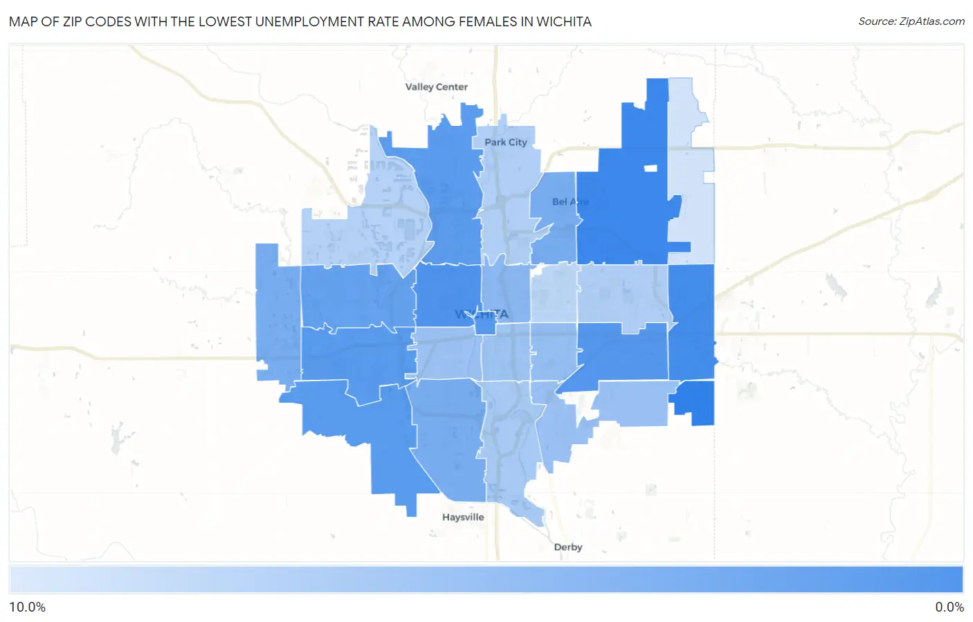 Zip Codes with the Lowest Unemployment Rate Among Females in Wichita Map