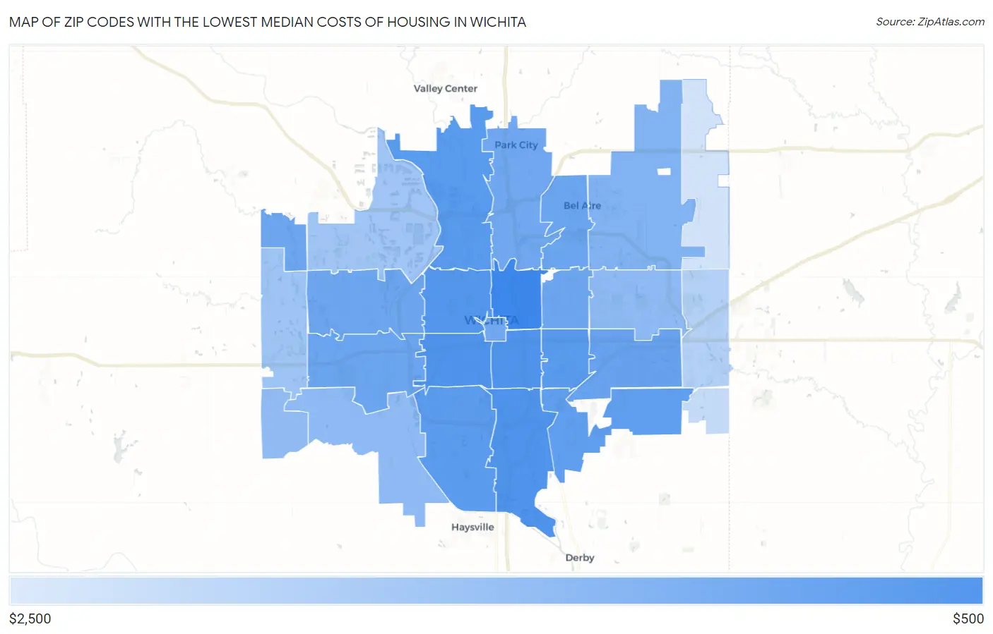 Zip Codes with the Lowest Median Costs of Housing in Wichita Map