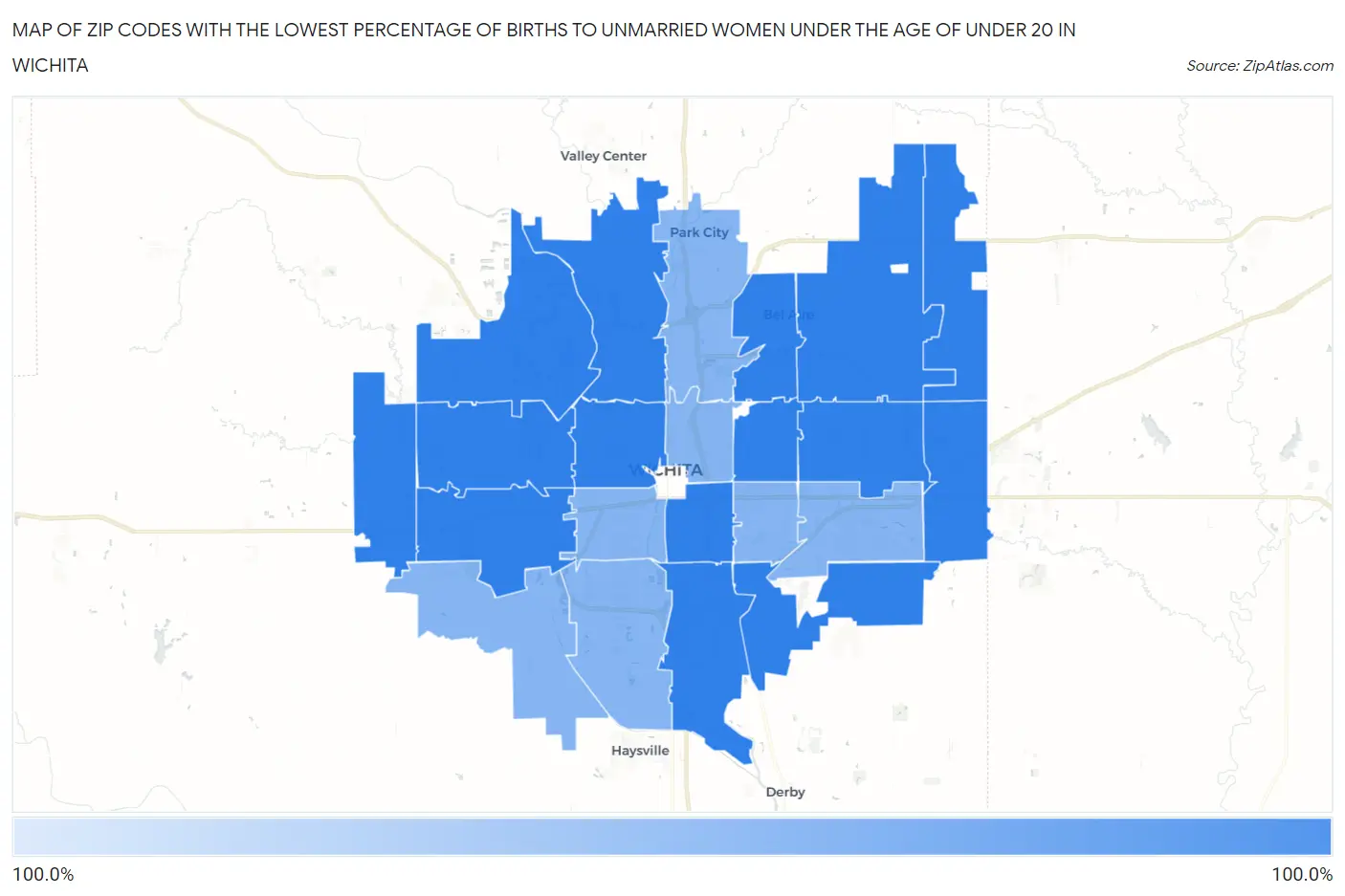 Zip Codes with the Lowest Percentage of Births to Unmarried Women under the Age of under 20 in Wichita Map