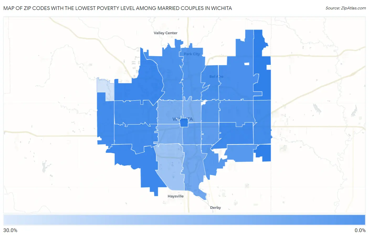 Zip Codes with the Lowest Poverty Level Among Married Couples in Wichita Map