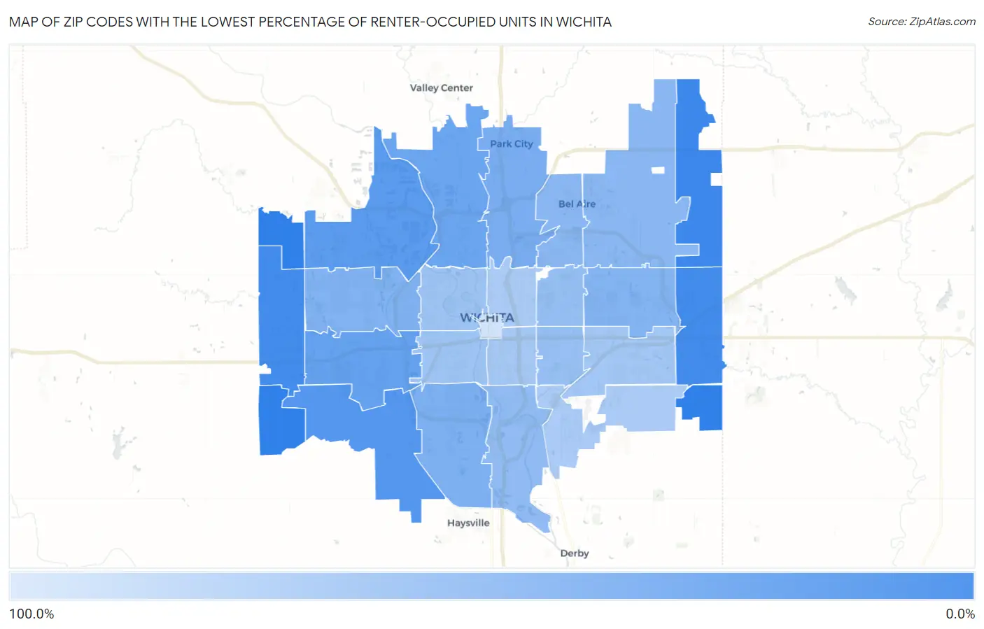 Zip Codes with the Lowest Percentage of Renter-Occupied Units in Wichita Map