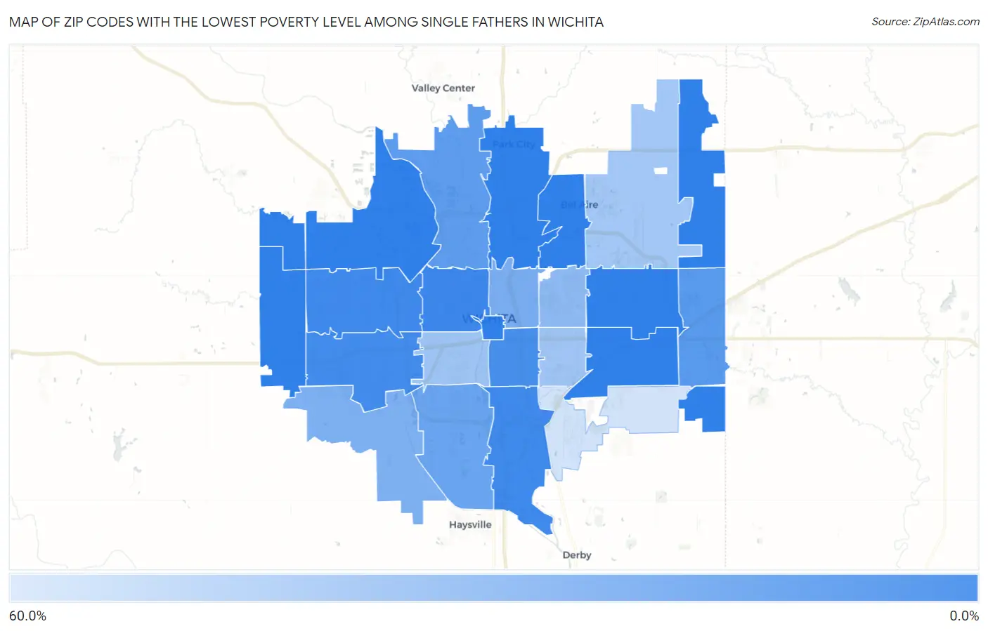 Zip Codes with the Lowest Poverty Level Among Single Fathers in Wichita Map