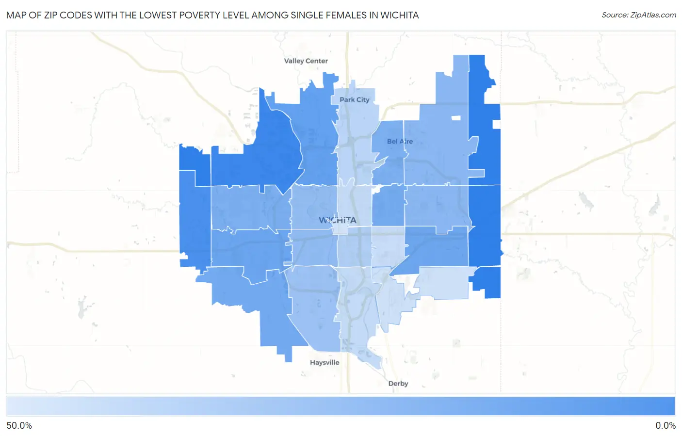 Zip Codes with the Lowest Poverty Level Among Single Females in Wichita Map