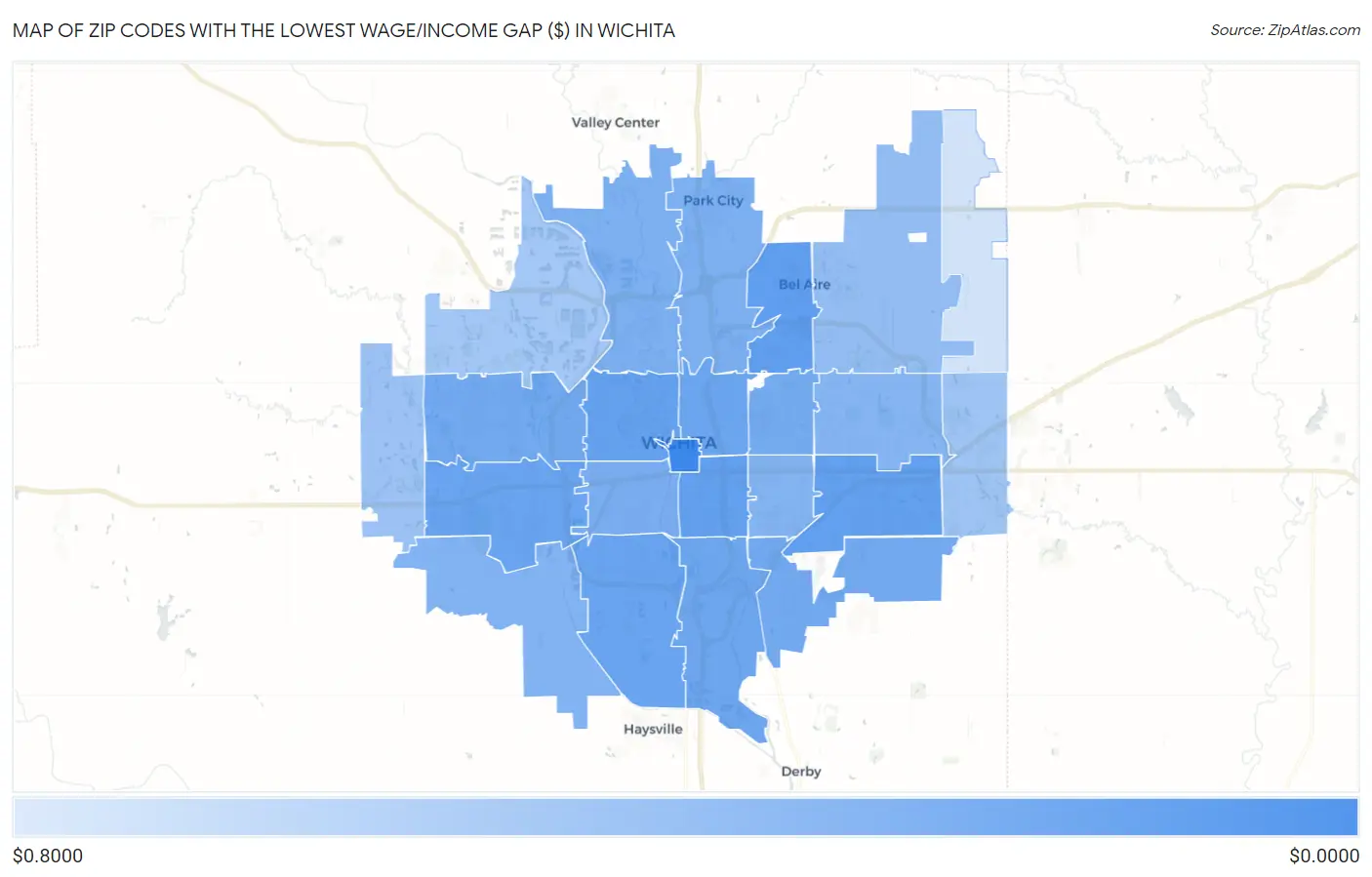 Zip Codes with the Lowest Wage/Income Gap ($) in Wichita Map