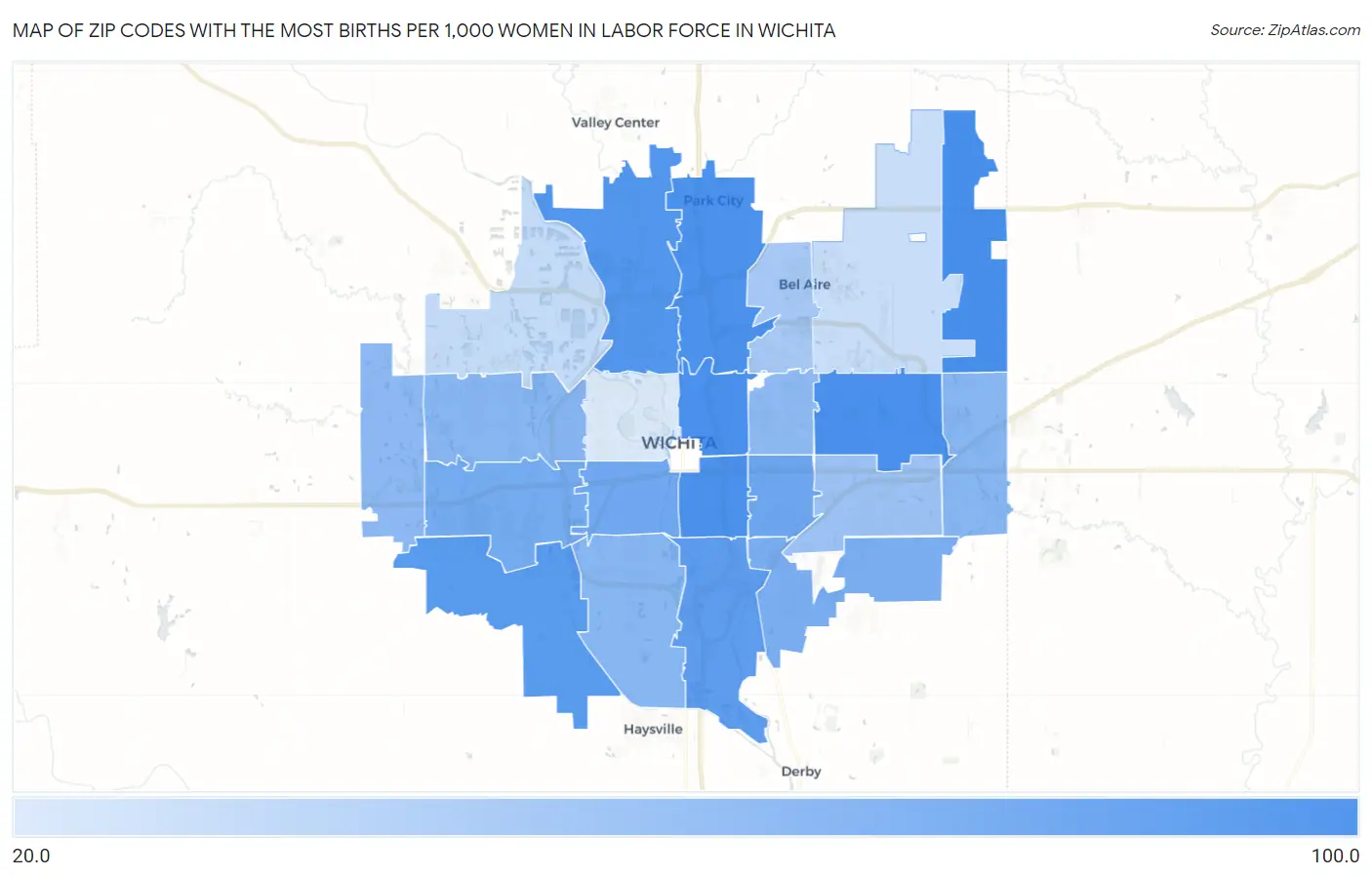 Zip Codes with the Most Births per 1,000 Women in Labor Force in Wichita Map