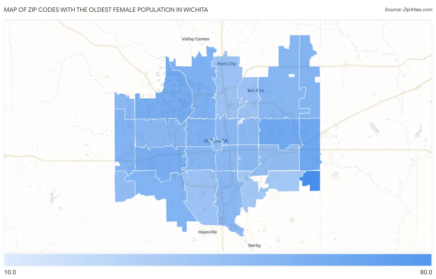 Zip Codes with the Oldest Female Population in Wichita Map