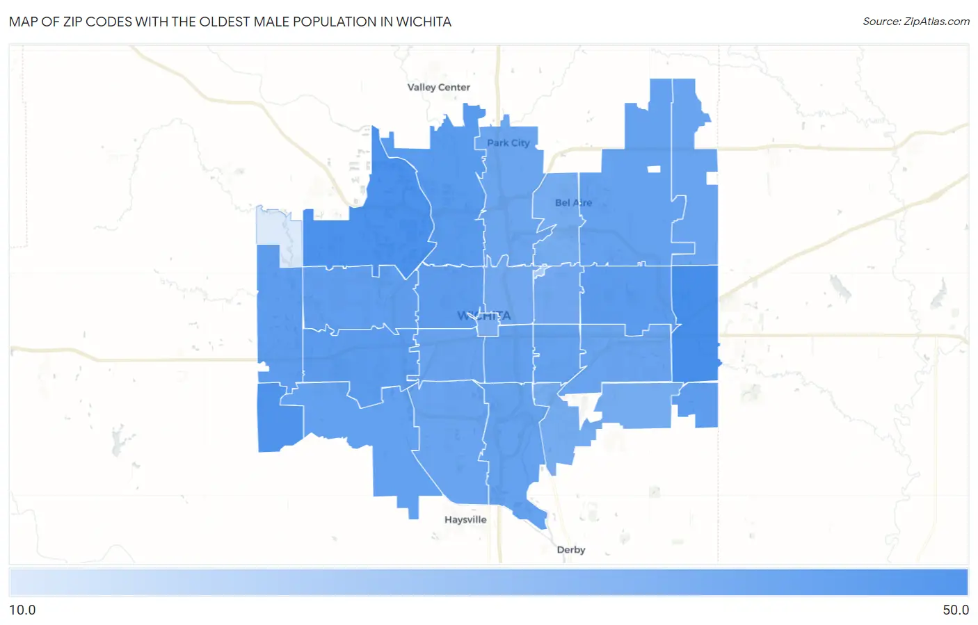 Zip Codes with the Oldest Male Population in Wichita Map