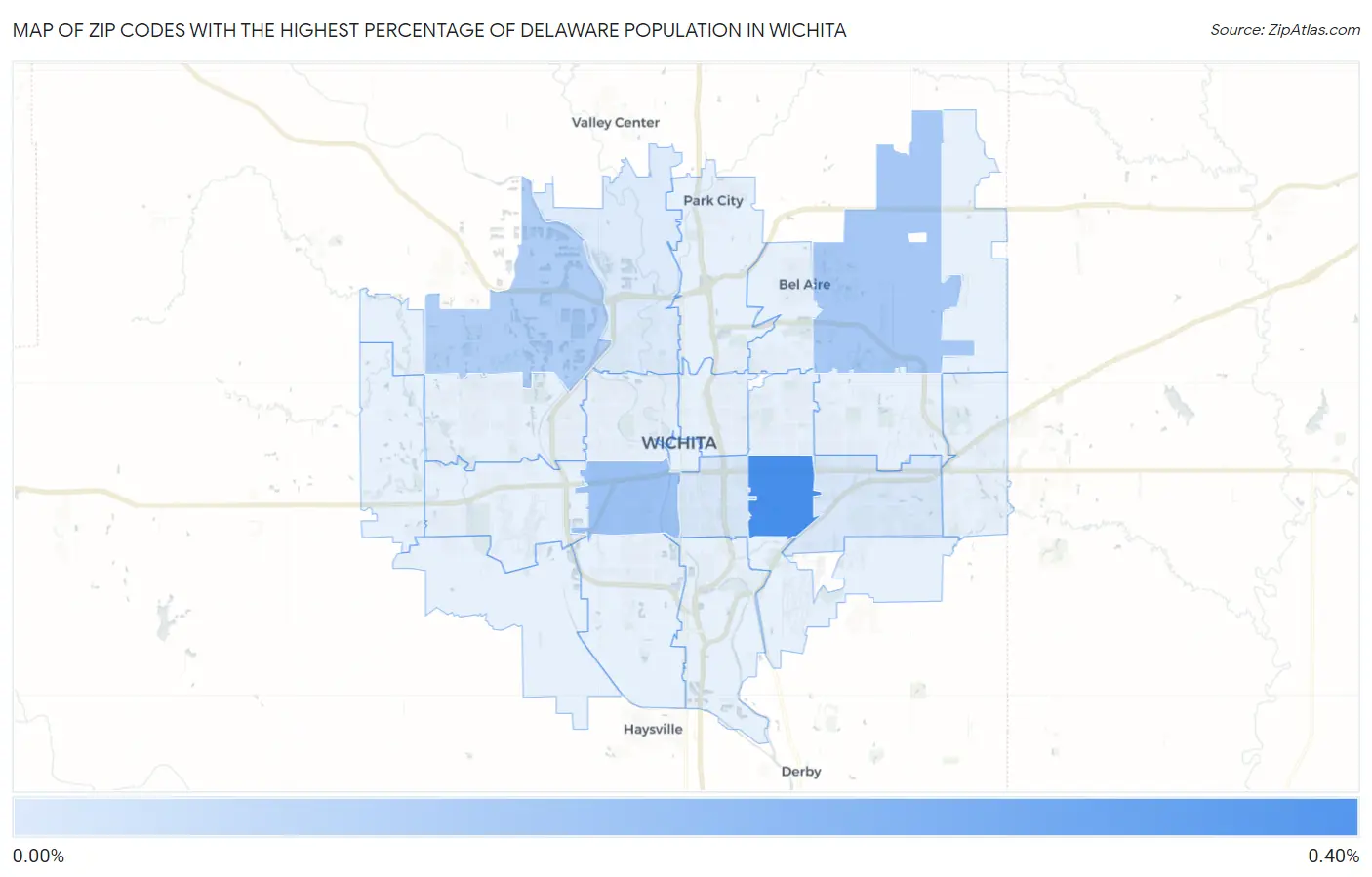 Zip Codes with the Highest Percentage of Delaware Population in Wichita Map