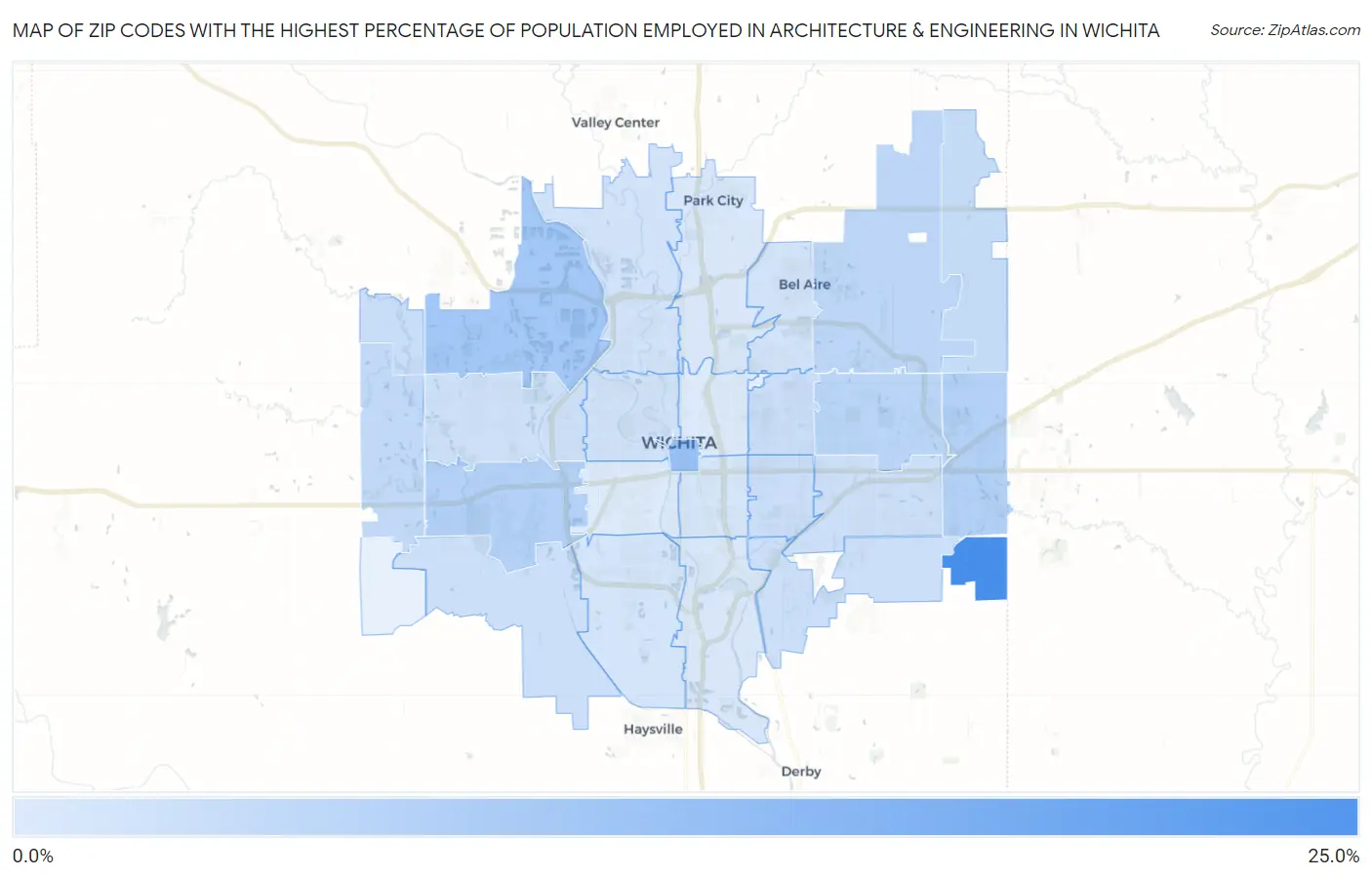 Zip Codes with the Highest Percentage of Population Employed in Architecture & Engineering in Wichita Map