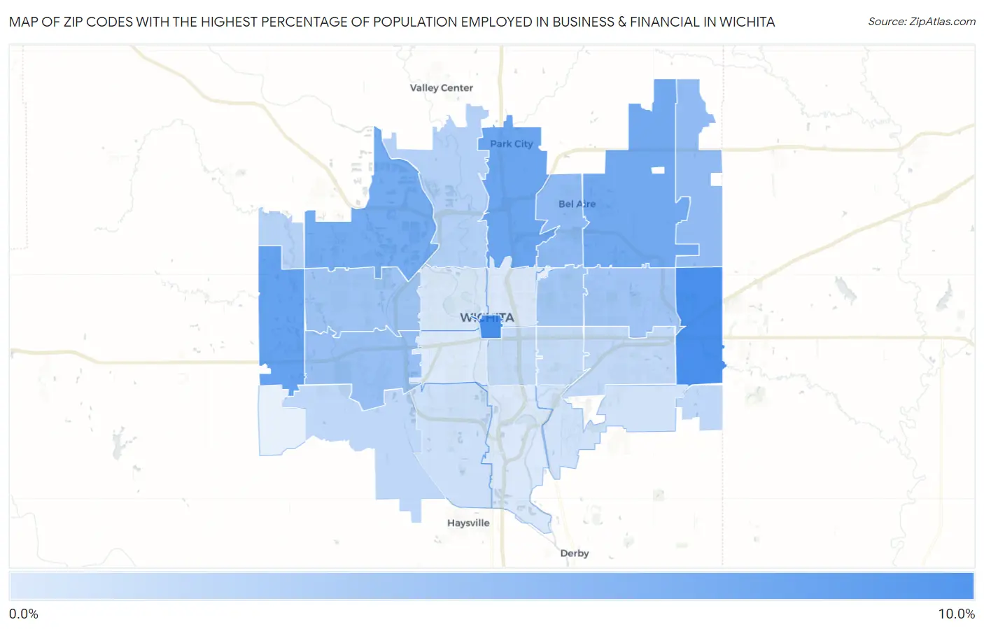 Zip Codes with the Highest Percentage of Population Employed in Business & Financial in Wichita Map