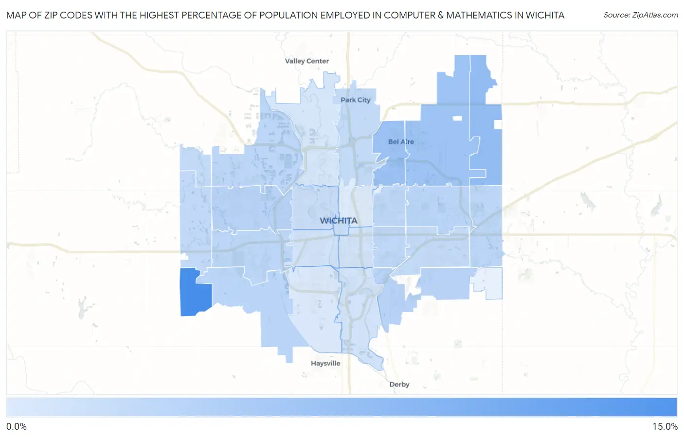 Zip Codes with the Highest Percentage of Population Employed in Computer & Mathematics in Wichita Map
