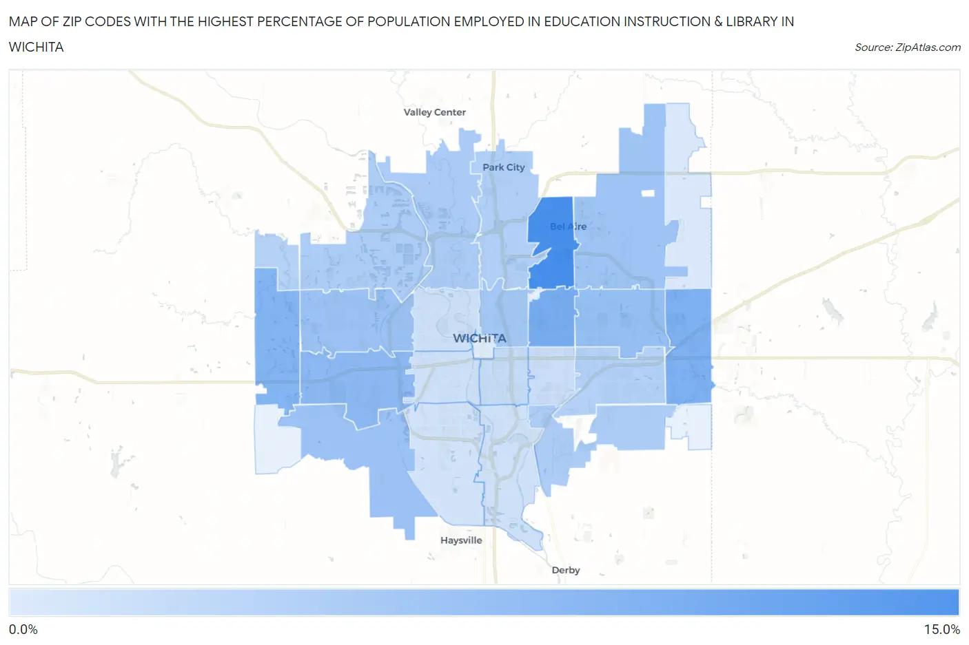 Zip Codes with the Highest Percentage of Population Employed in Education Instruction & Library in Wichita Map