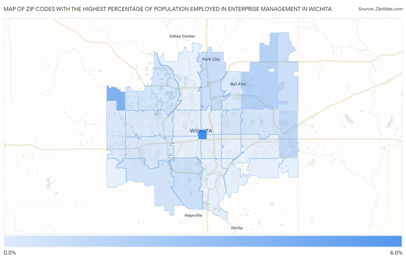 Zip Codes with the Highest Percentage of Population Employed in Enterprise Management in Wichita Map