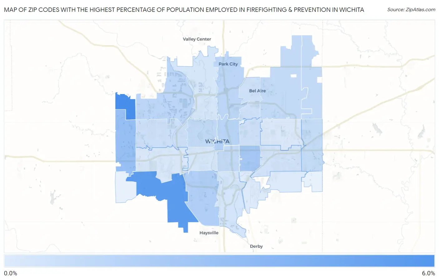 Zip Codes with the Highest Percentage of Population Employed in Firefighting & Prevention in Wichita Map
