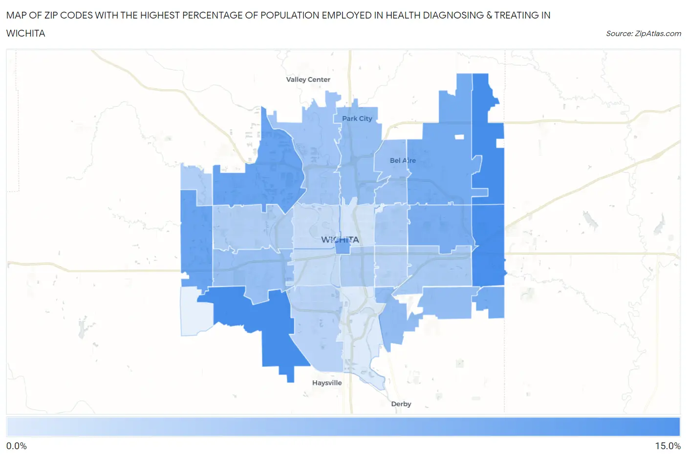 Zip Codes with the Highest Percentage of Population Employed in Health Diagnosing & Treating in Wichita Map