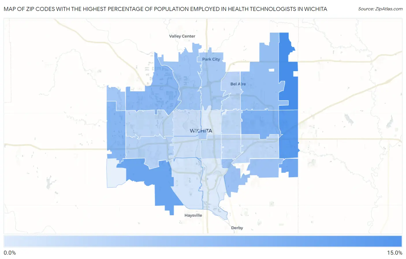 Zip Codes with the Highest Percentage of Population Employed in Health Technologists in Wichita Map
