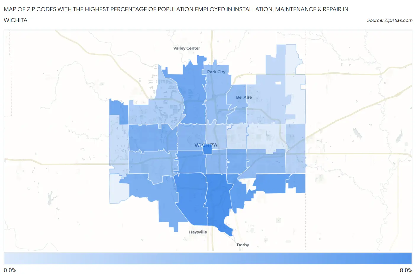 Zip Codes with the Highest Percentage of Population Employed in Installation, Maintenance & Repair in Wichita Map