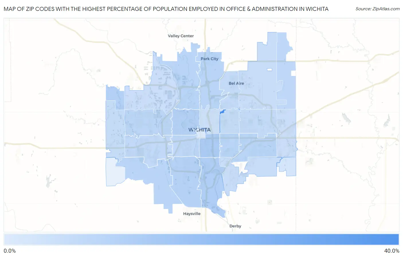 Zip Codes with the Highest Percentage of Population Employed in Office & Administration in Wichita Map