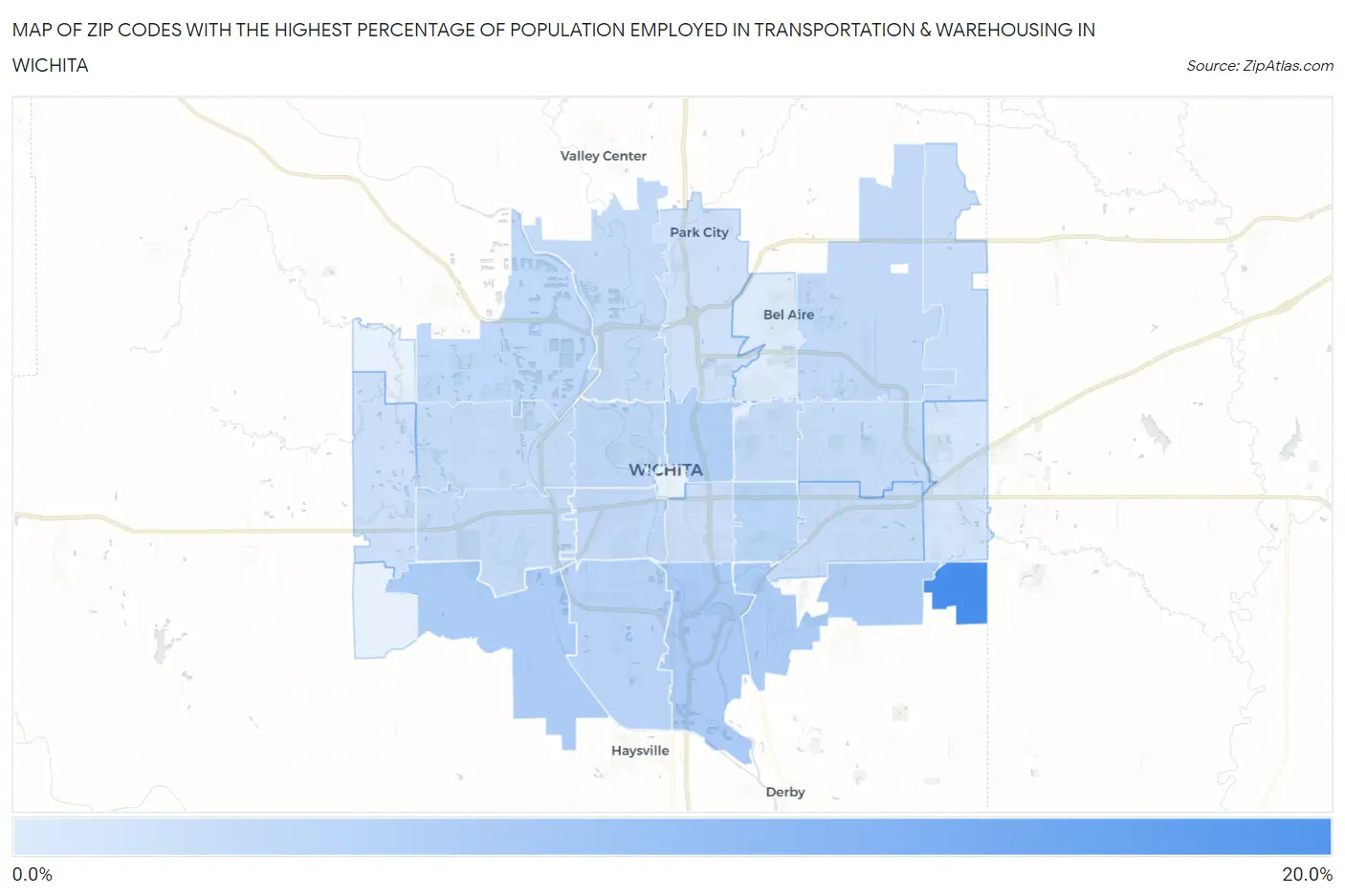 Zip Codes with the Highest Percentage of Population Employed in Transportation & Warehousing in Wichita Map